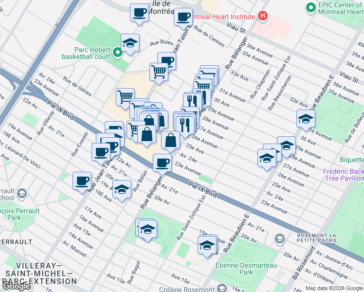 map of restaurants, bars, coffee shops, grocery stores, and more near 4290 Rue Bélanger in Montréal