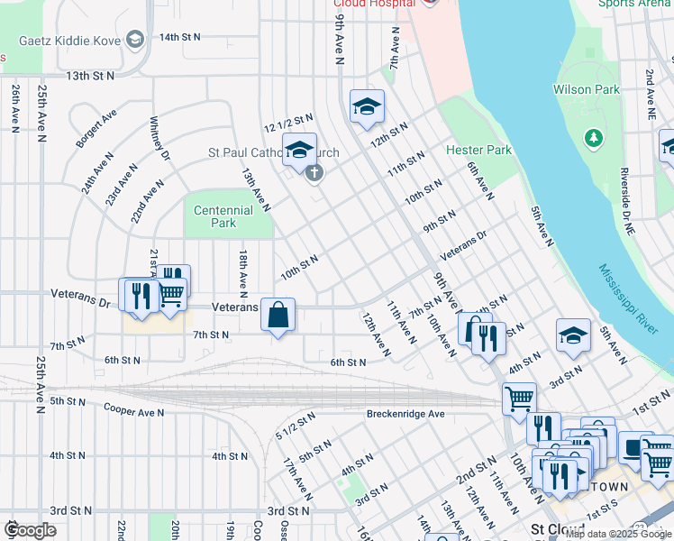map of restaurants, bars, coffee shops, grocery stores, and more near 1200 10th Street North in St. Cloud