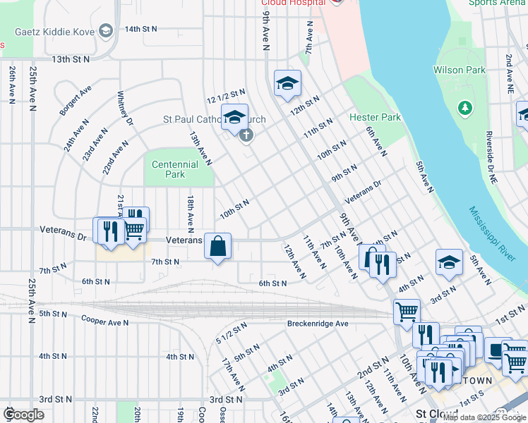 map of restaurants, bars, coffee shops, grocery stores, and more near 1298 10th Street North in St. Cloud