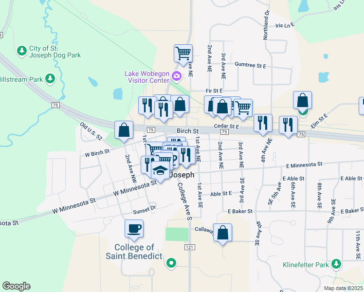 map of restaurants, bars, coffee shops, grocery stores, and more near 38 East Birch Street in Saint Joseph