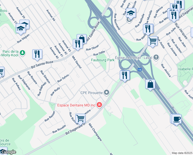 map of restaurants, bars, coffee shops, grocery stores, and more near 4080 Rue Stéphanie in Laval