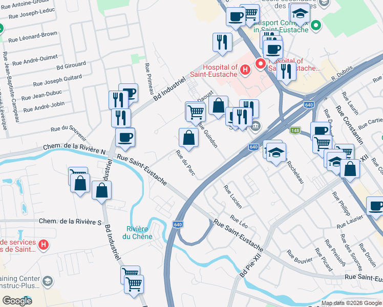 map of restaurants, bars, coffee shops, grocery stores, and more near 385 Rue du Parc in Saint-Eustache