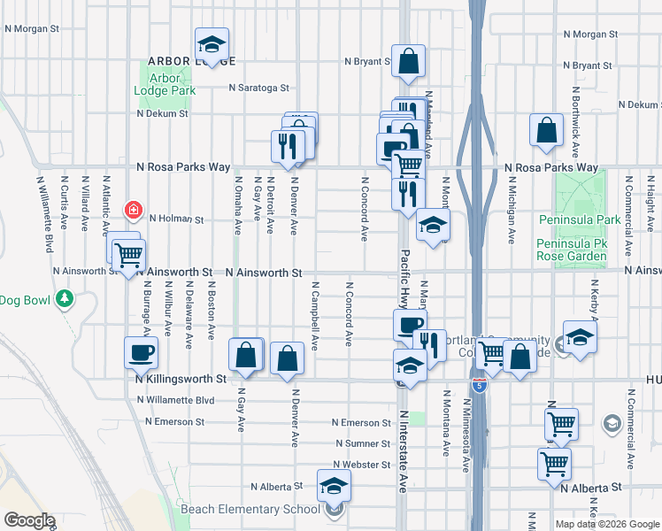 map of restaurants, bars, coffee shops, grocery stores, and more near 1805 North Ainsworth Street in Portland