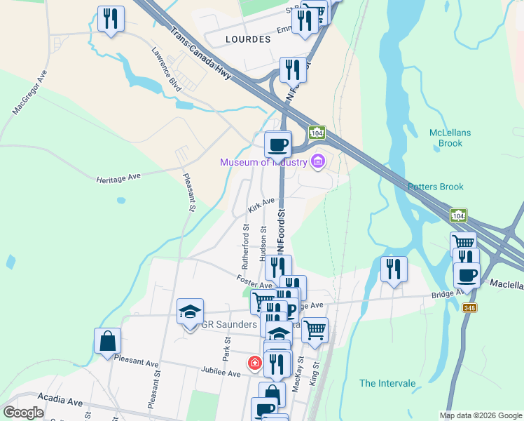 map of restaurants, bars, coffee shops, grocery stores, and more near 28 Kirk Avenue in Stellarton