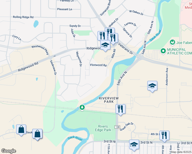 map of restaurants, bars, coffee shops, grocery stores, and more near 820 Driftwood Drive in Saint Cloud