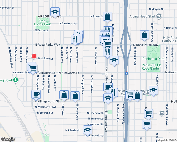 map of restaurants, bars, coffee shops, grocery stores, and more near 1705 North Ainsworth Street in Portland
