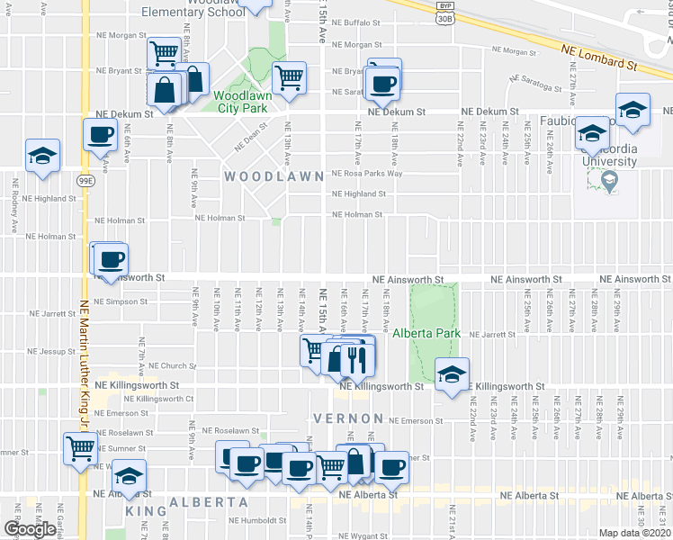 map of restaurants, bars, coffee shops, grocery stores, and more near 1525 Northeast Ainsworth Street in Portland