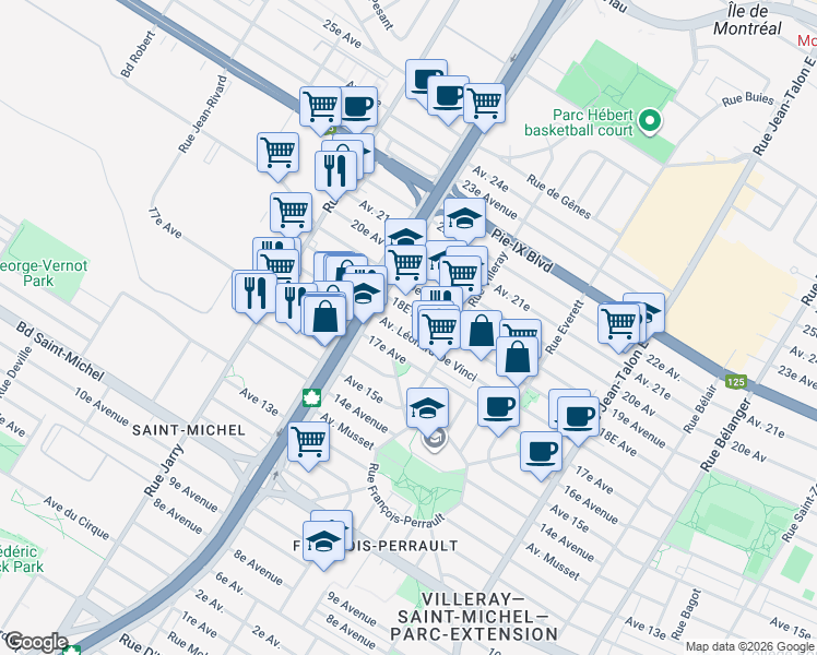 map of restaurants, bars, coffee shops, grocery stores, and more near 7639 Avenue Léonard-De Vinci in Montréal