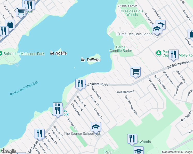 map of restaurants, bars, coffee shops, grocery stores, and more near 1104 Rue Colette in Laval