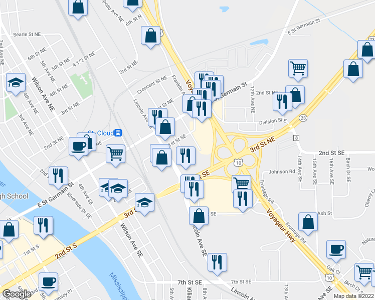 map of restaurants, bars, coffee shops, grocery stores, and more near 120 Columbia Avenue Southeast in St. Cloud