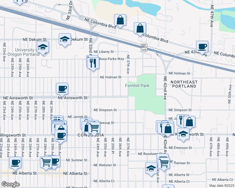 map of restaurants, bars, coffee shops, grocery stores, and more near 6036 Northeast 36th Avenue in Portland