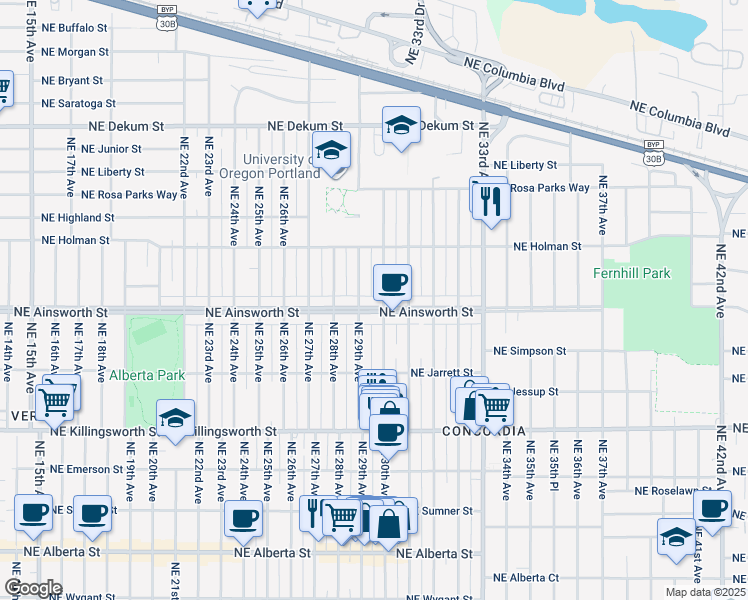 map of restaurants, bars, coffee shops, grocery stores, and more near 2941 Northeast Ainsworth Street in Portland