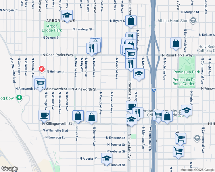 map of restaurants, bars, coffee shops, grocery stores, and more near 1777 North Ainsworth Street in Portland