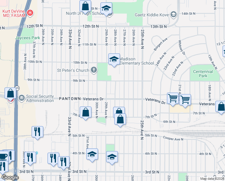 map of restaurants, bars, coffee shops, grocery stores, and more near 834 29th Avenue North in St. Cloud