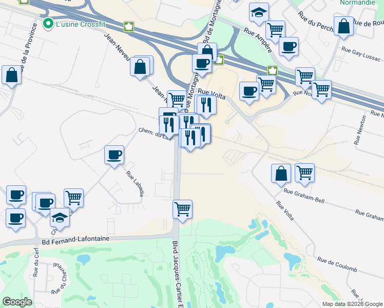 map of restaurants, bars, coffee shops, grocery stores, and more near 2764 Boulevard Jacques-Cartier Est in Longueuil