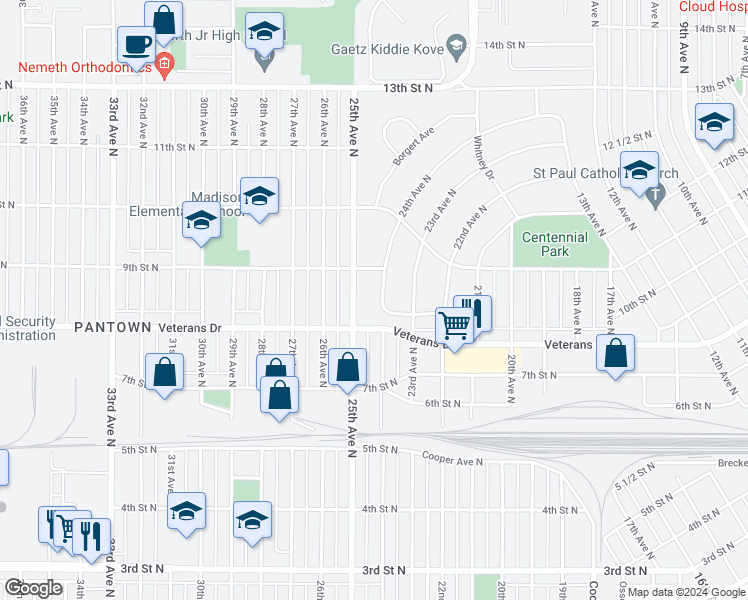map of restaurants, bars, coffee shops, grocery stores, and more near 819 24th Avenue North in Saint Cloud