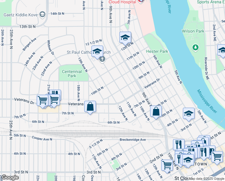 map of restaurants, bars, coffee shops, grocery stores, and more near 914 12th Avenue North in Saint Cloud