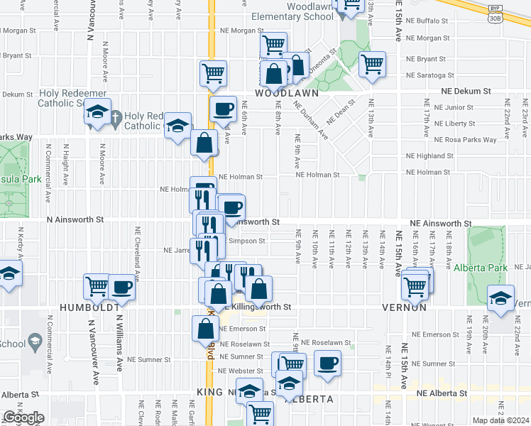 map of restaurants, bars, coffee shops, grocery stores, and more near 6034 Northeast 7th Avenue in Portland