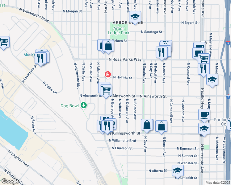 map of restaurants, bars, coffee shops, grocery stores, and more near 6105 North Wilbur Avenue in Portland