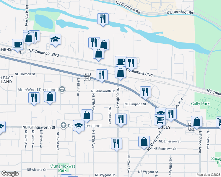 map of restaurants, bars, coffee shops, grocery stores, and more near 5820 U.S. 30 Bypass in Portland