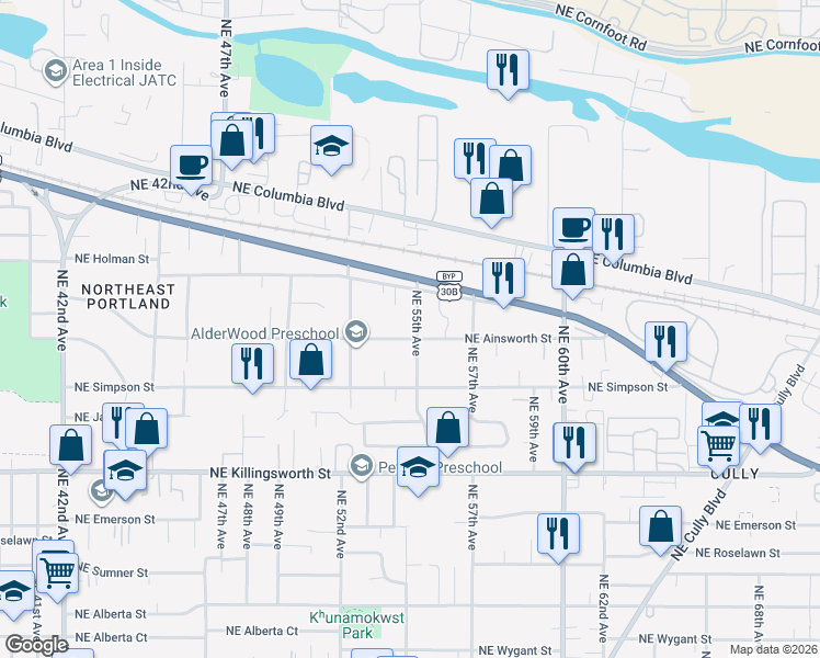 map of restaurants, bars, coffee shops, grocery stores, and more near 6033 Northeast 55th Avenue in Portland