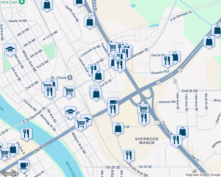 map of restaurants, bars, coffee shops, grocery stores, and more near 120 Columbia Avenue Southeast in Saint Cloud