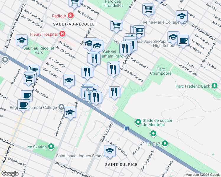 map of restaurants, bars, coffee shops, grocery stores, and more near 9494 Rue de Saint-Firmin in Montréal