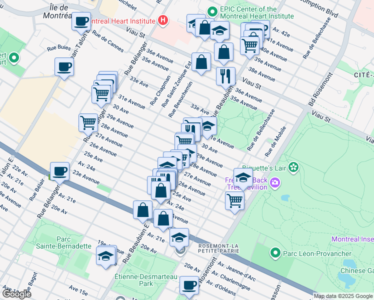 map of restaurants, bars, coffee shops, grocery stores, and more near 6515 29e Avenue in Montreal