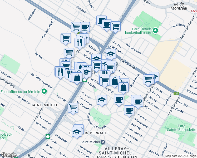 map of restaurants, bars, coffee shops, grocery stores, and more near 7710 18E Avenue in Montreal