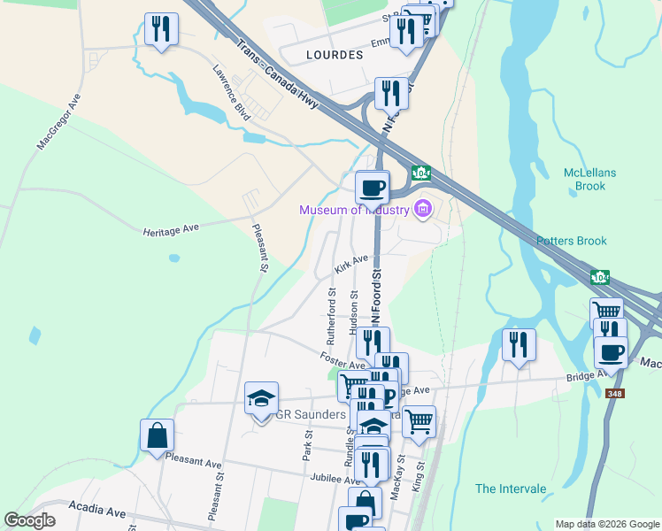 map of restaurants, bars, coffee shops, grocery stores, and more near 105 Rutherford Street in Stellarton