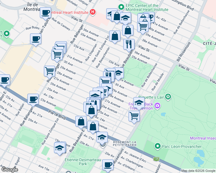 map of restaurants, bars, coffee shops, grocery stores, and more near 6505 29e Avenue in Montrã©Al