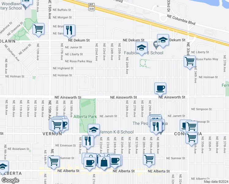 map of restaurants, bars, coffee shops, grocery stores, and more near 6039 Northeast 24th Avenue in Portland