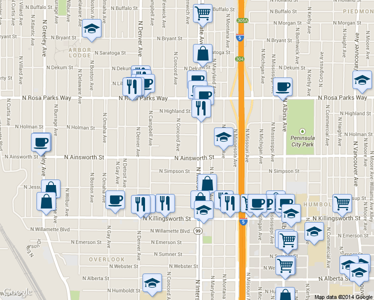 map of restaurants, bars, coffee shops, grocery stores, and more near 22 North Concord Avenue in Portland