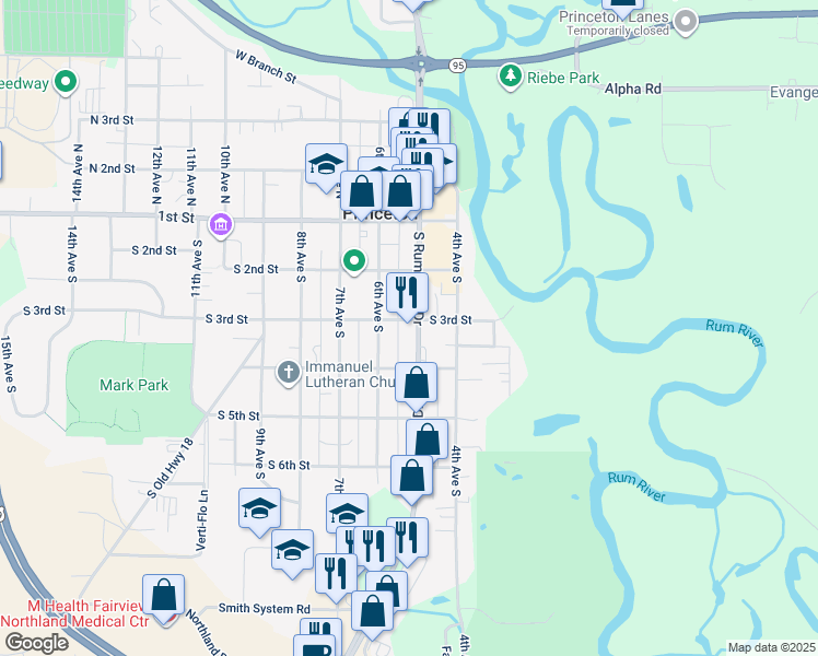map of restaurants, bars, coffee shops, grocery stores, and more near 301 South Rum River Drive in Princeton