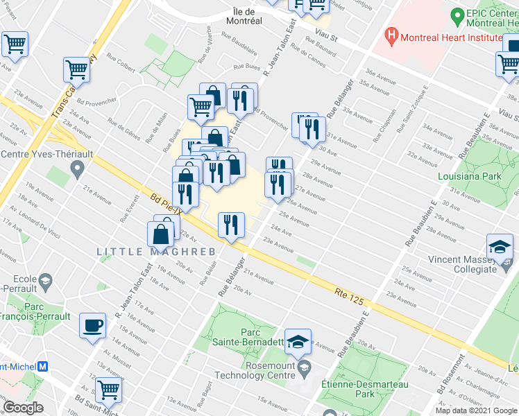 map of restaurants, bars, coffee shops, grocery stores, and more near 6968 25e Avenue in Montréal