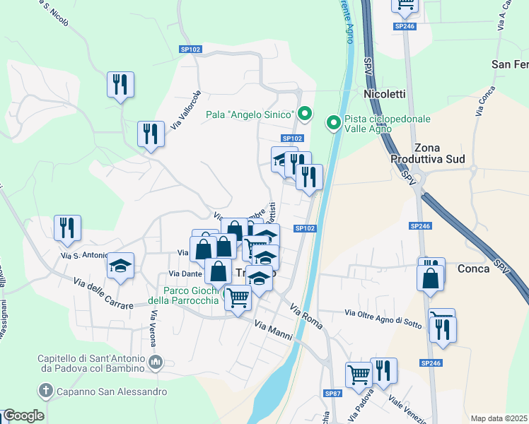 map of restaurants, bars, coffee shops, grocery stores, and more near 15 Via 4 Novembre in Trissino