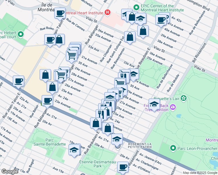 map of restaurants, bars, coffee shops, grocery stores, and more near 6585 28e Avenue in Montréal
