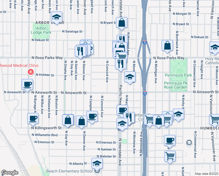 map of restaurants, bars, coffee shops, grocery stores, and more near 22 North Concord Avenue in Portland
