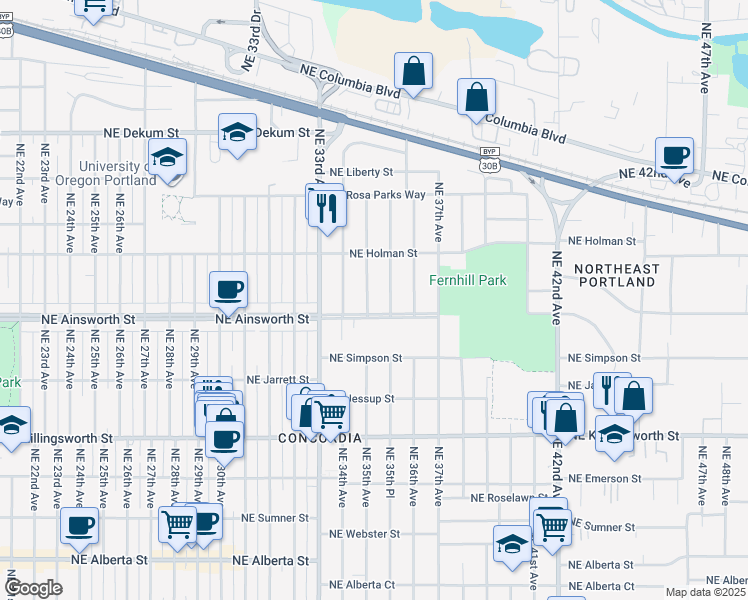 map of restaurants, bars, coffee shops, grocery stores, and more near 6035 Northeast 35th Place in Portland