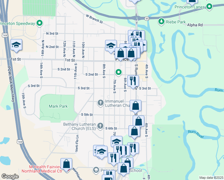 map of restaurants, bars, coffee shops, grocery stores, and more near 701 South 3rd Street in Princeton