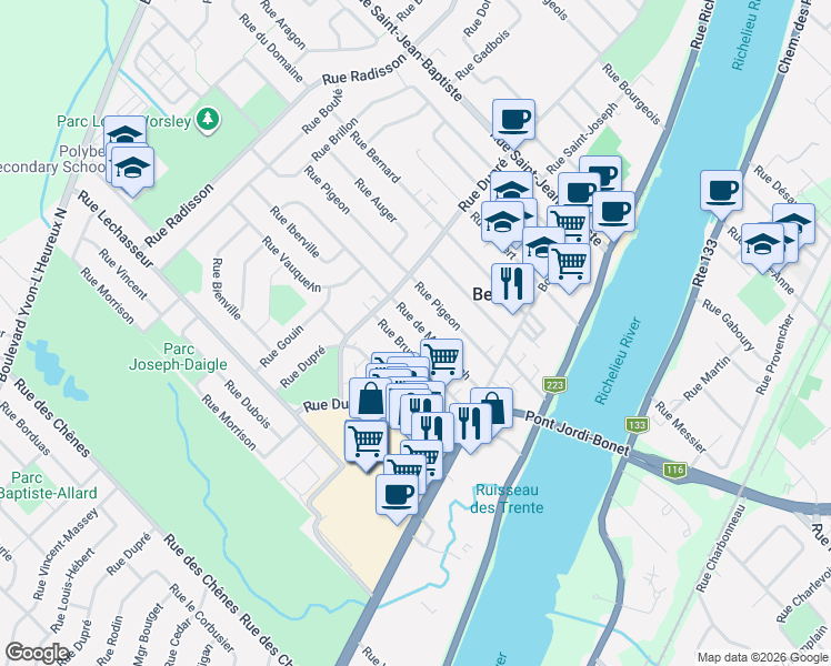 map of restaurants, bars, coffee shops, grocery stores, and more near 282 Rue de Montenach in Beloeil