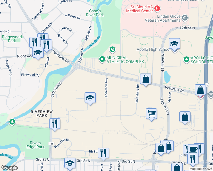 map of restaurants, bars, coffee shops, grocery stores, and more near 730 Anderson Avenue in St. Cloud