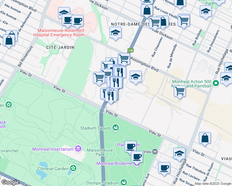 map of restaurants, bars, coffee shops, grocery stores, and more near 5100 Rue Sherbrooke Est in Montréal