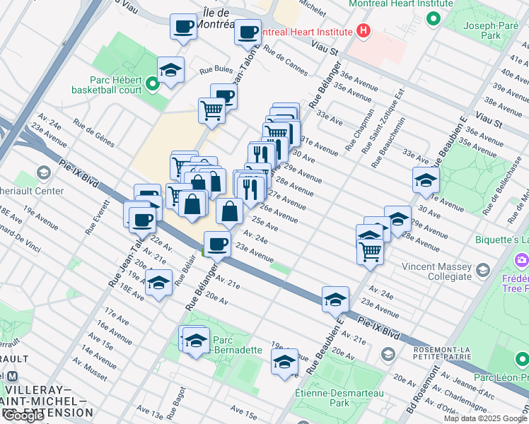 map of restaurants, bars, coffee shops, grocery stores, and more near 6860 26e Avenue in Montréal