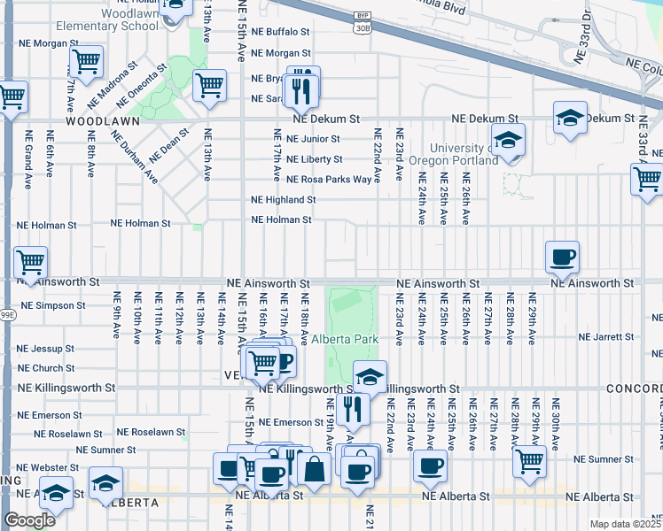 map of restaurants, bars, coffee shops, grocery stores, and more near 6037 Northeast 19th Avenue in Portland