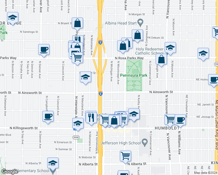 map of restaurants, bars, coffee shops, grocery stores, and more near 6027 North Michigan Avenue in Portland