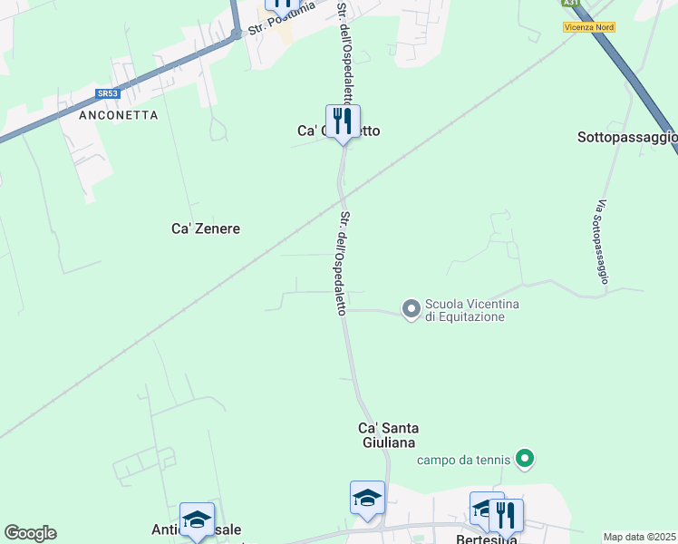 map of restaurants, bars, coffee shops, grocery stores, and more near Strada dell'Ospedaletto in Provincia di Vicenza