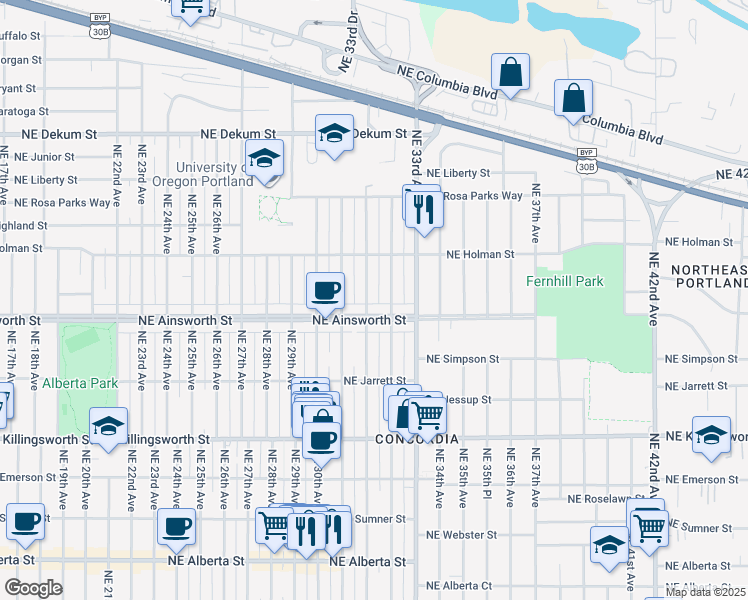 map of restaurants, bars, coffee shops, grocery stores, and more near 6036 Northeast 32nd Avenue in Portland