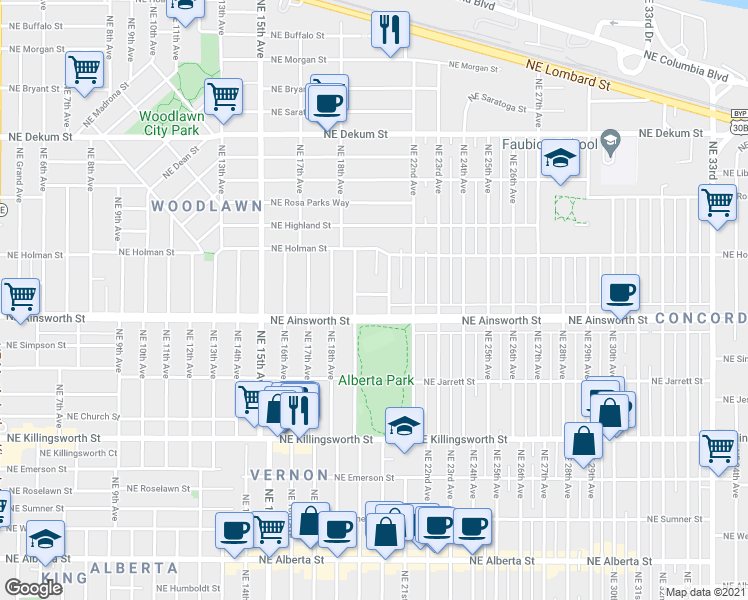 map of restaurants, bars, coffee shops, grocery stores, and more near 6036 Northeast 21st Avenue in Portland