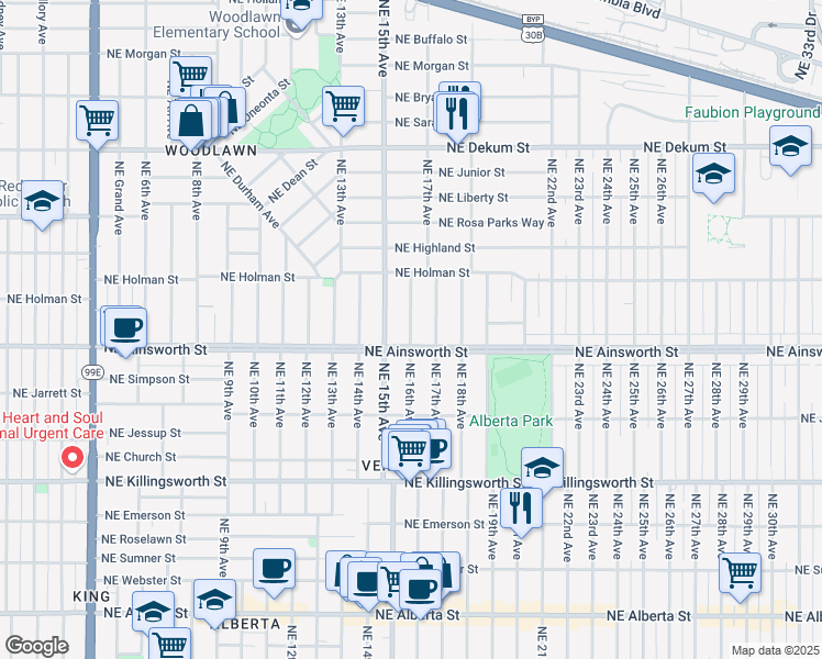 map of restaurants, bars, coffee shops, grocery stores, and more near 6110 Northeast 16th Avenue in Portland